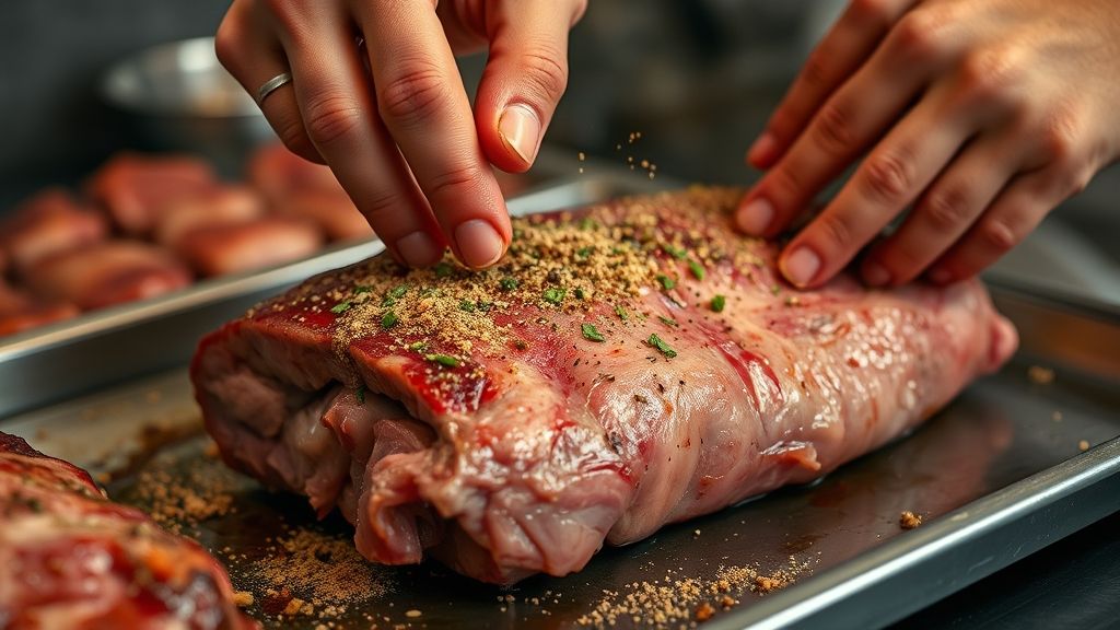 Mãos passando tempero na picanha suína antes de levar ao forno.