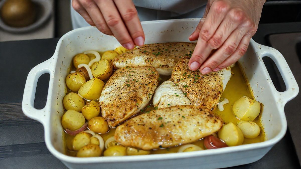 Mãos temperando o peixe e montando a travessa com batatas e legumes.