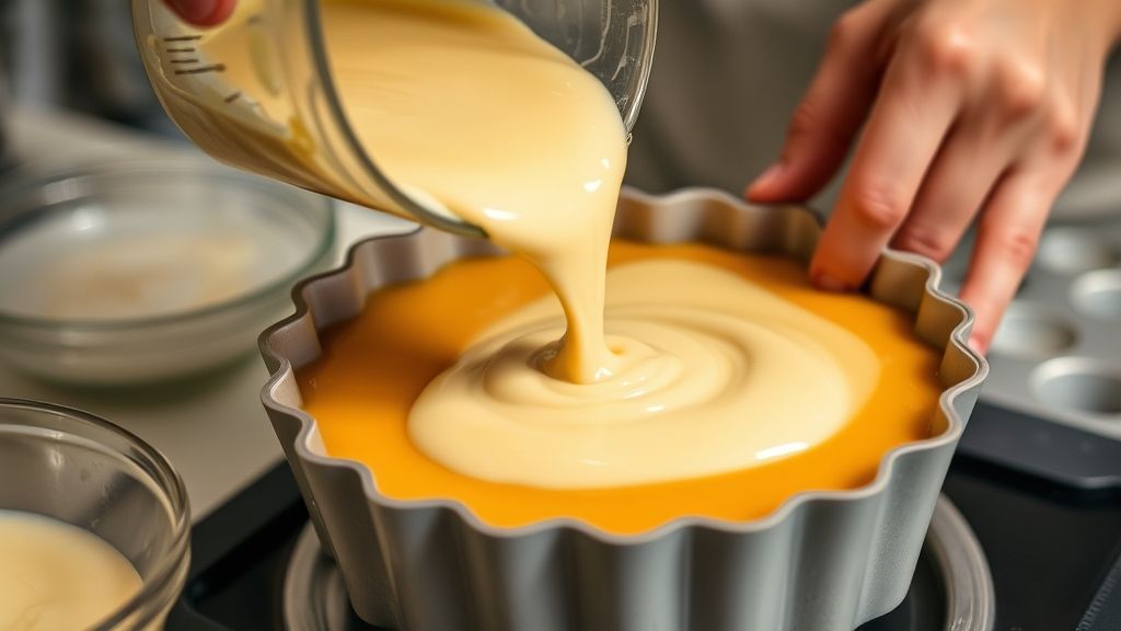 Mãos despejando a mistura batida do liquidificador em forma caramelizada