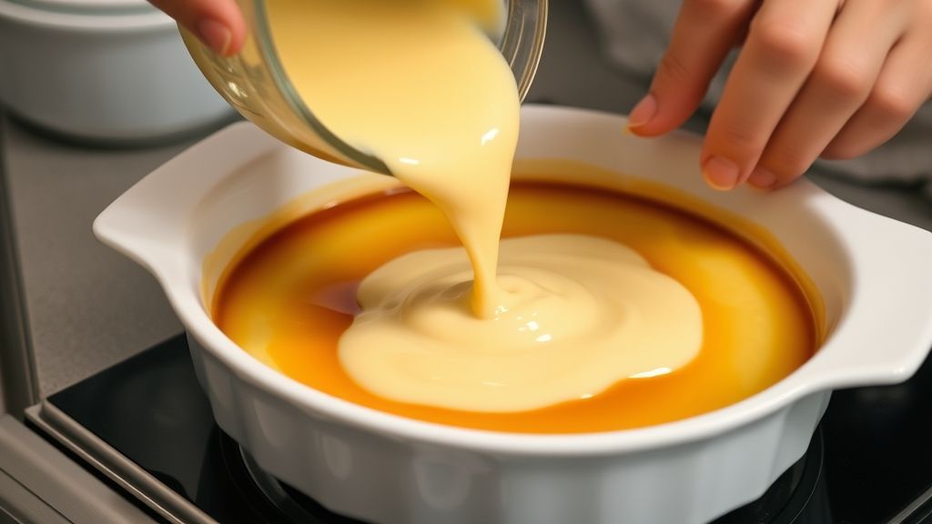 Mãos despejando a mistura do pudim sobre a calda de caramelo em refratário