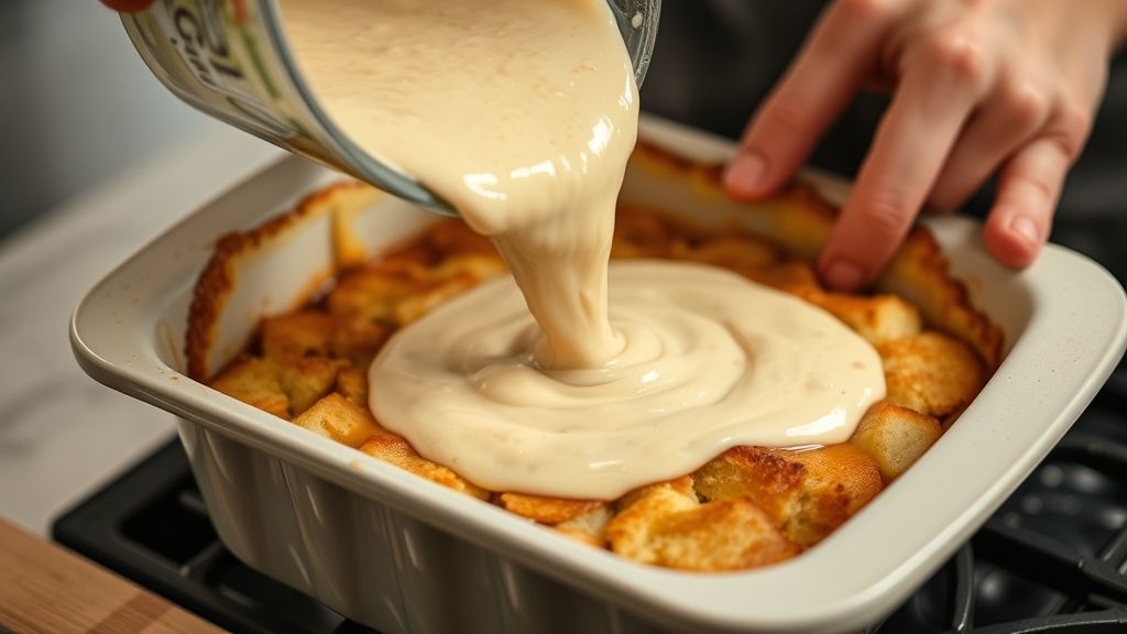 Mãos despejando a mistura batida de pão e leite condensado em forma caramelizada no preparo do pudim