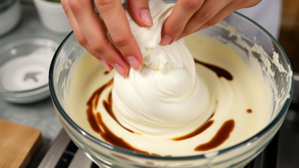 Mãos incorporando as claras em neve ao creme do pudim, em tigela clara