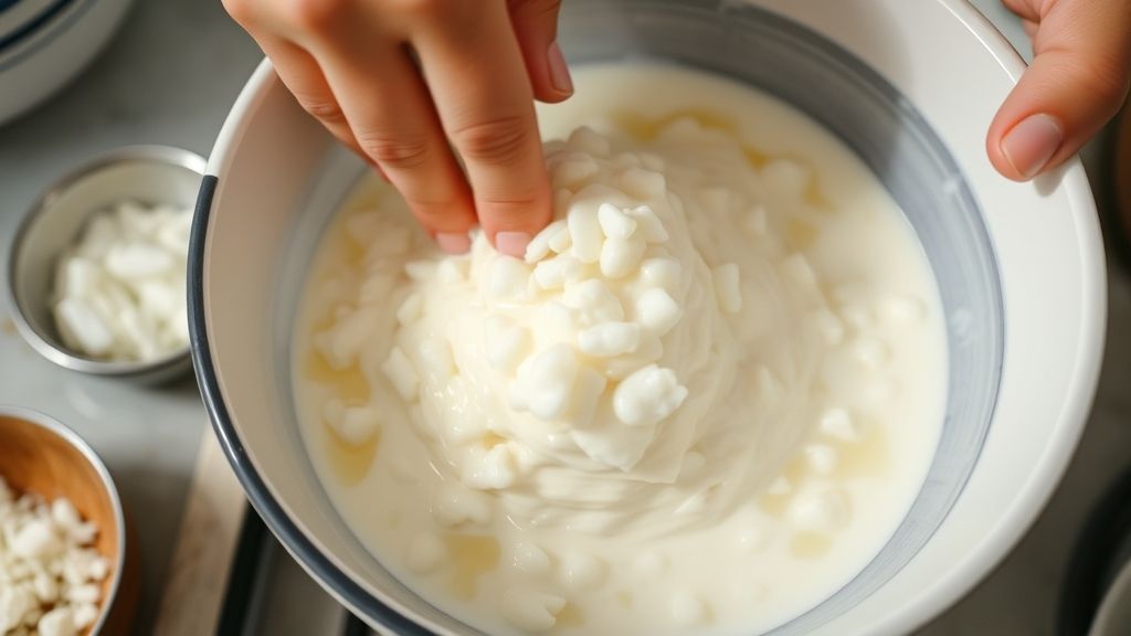 Mãos misturando a tapioca hidratada com leite condensado e coco em uma tigela durante o preparo.