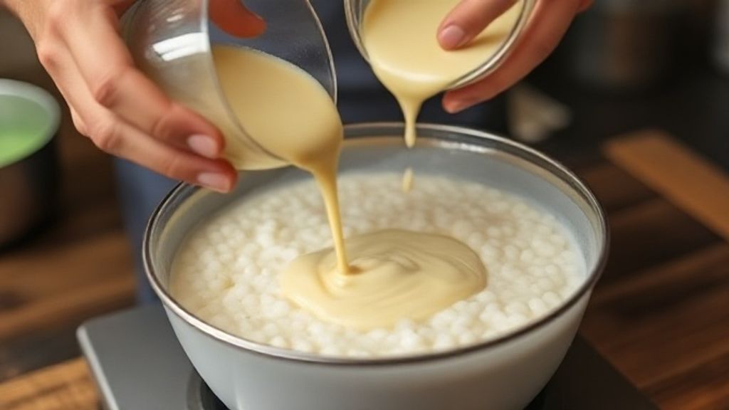 Mãos despejando a mistura de ovos, leite condensado e coco ralado sobre a tapioca hidratada em uma tigela