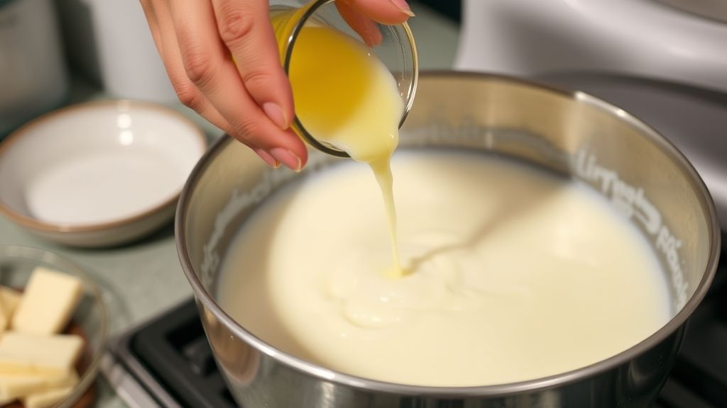 Mãos adicionando suco de limão em leite aquecido, mostrando o processo de talhar o leite