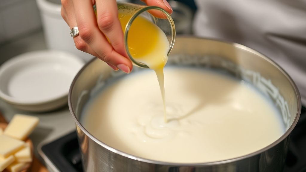 Mãos adicionando suco de limão ao leite fervido durante o processo de talhar
