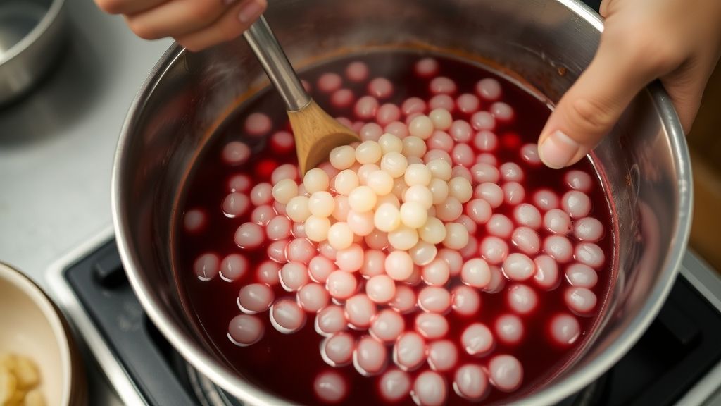 Mãos mexendo o sagu já cozido em panela junto à calda de vinho.