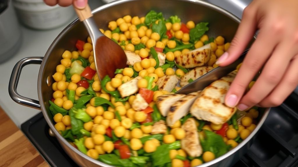 Mãos grelhando o frango e misturando legumes em frigideira