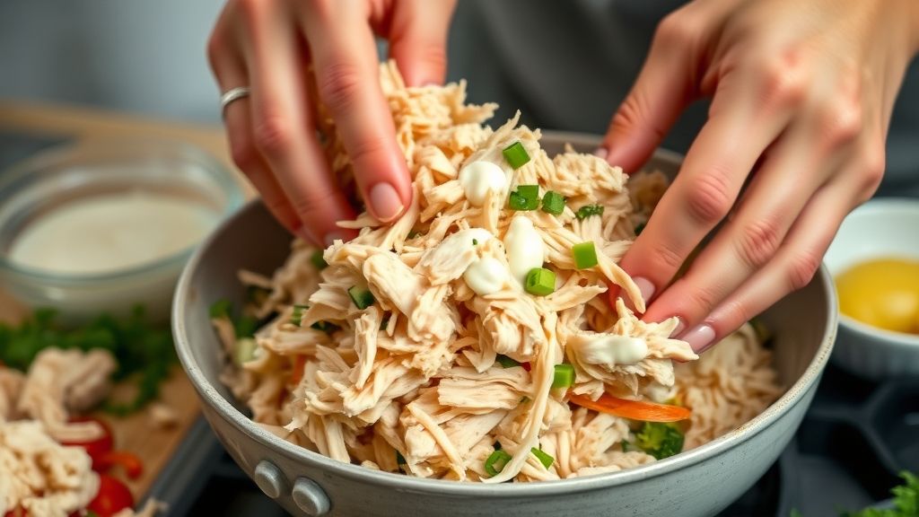 Mãos misturando o frango desfiado com maionese e legumes em uma tigela.