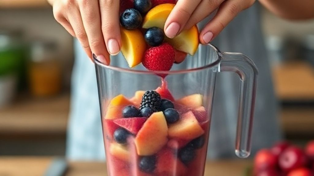 Mãos adicionando frutas e líquidos no liquidificador durante o preparo do smoothie poderoso