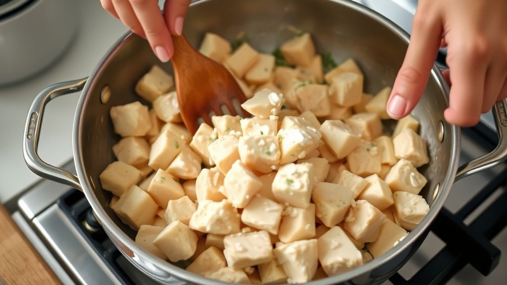 Mãos refogando frango em cubos na frigideira durante o preparo do strogonoff light de frango.