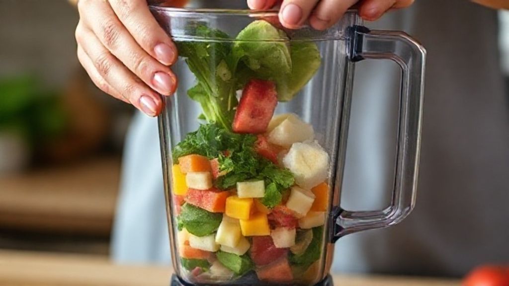 Mãos colocando os ingredientes do suco detox termogênico em um liquidificador durante o preparo