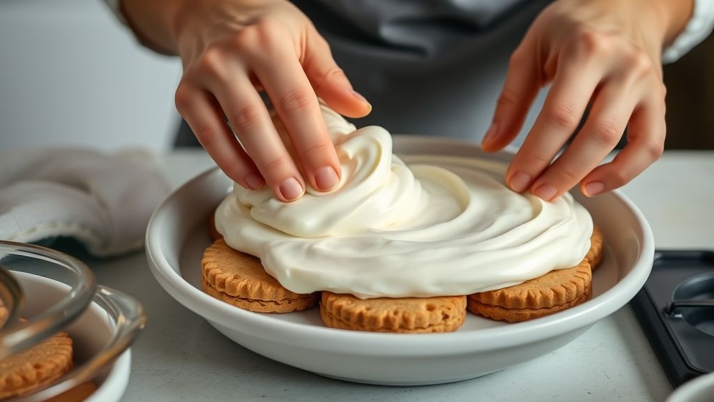 Mão espalhando o creme de chocolate sobre camada de bolachas durante a montagem