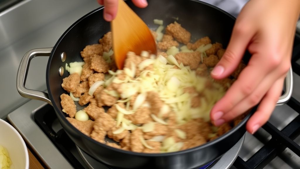 Mãos refogando calabresa e cebola em frigideira durante o preparo do recheio