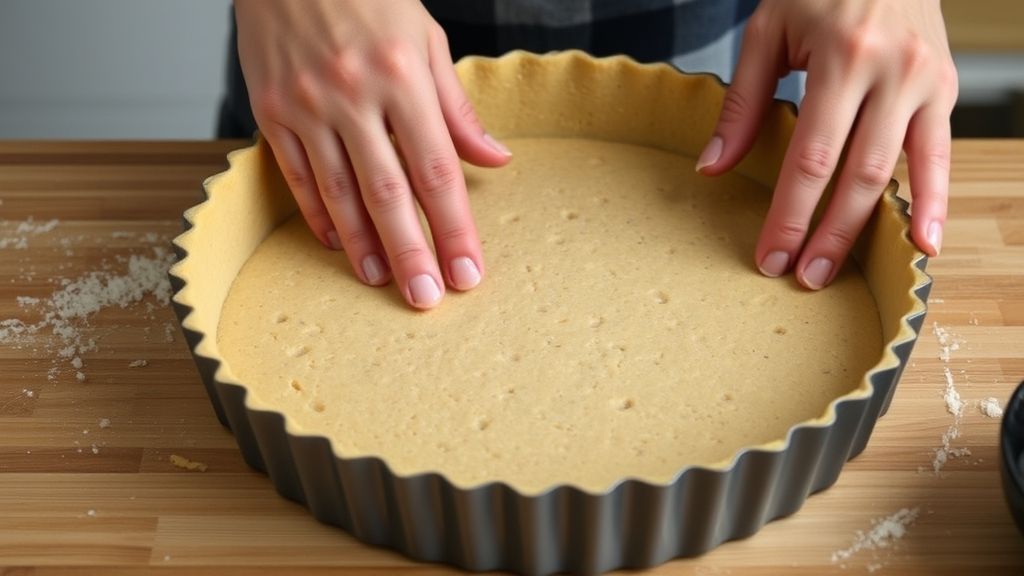 Mãos pressionando a base de bolacha na forma removível, etapa essencial da montagem da torta.
