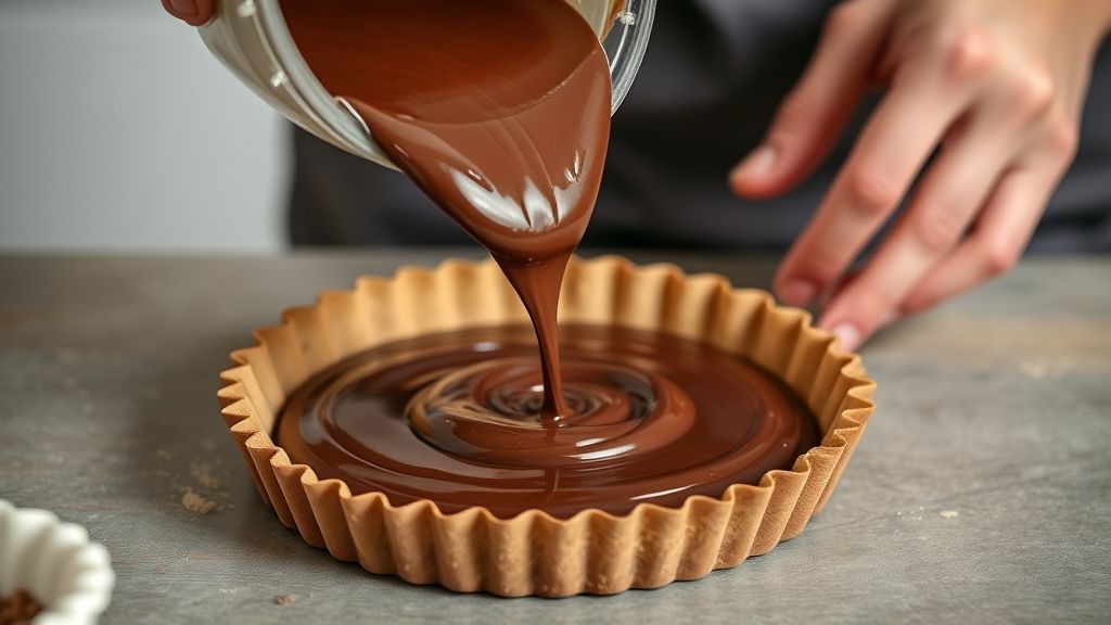 Mãos despejando ganache de chocolate sobre a massa já assada
