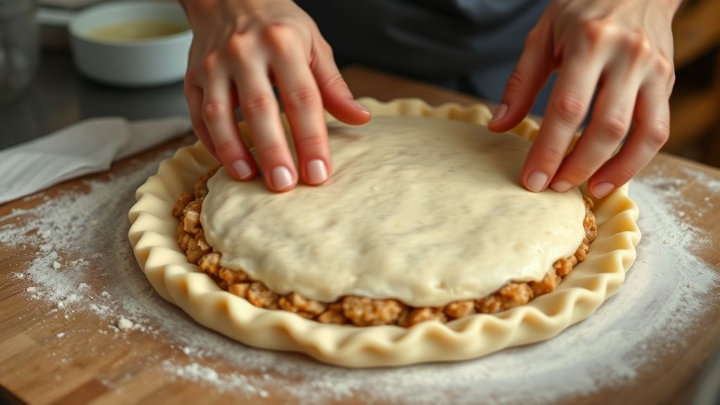 Mãos espalhando o recheio da torta portuguesa salgada sobre a massa antes de cobrir