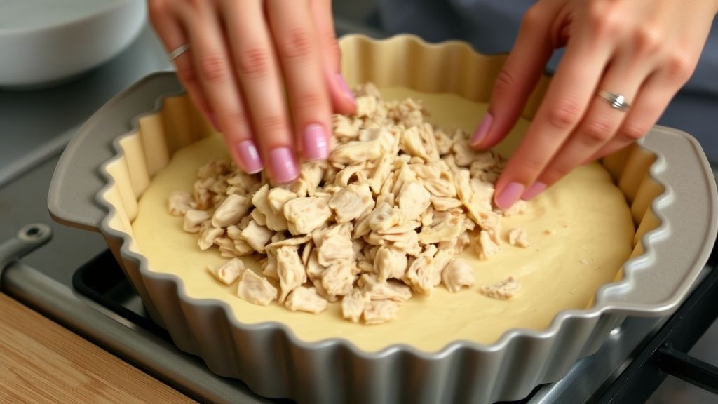 Mãos despejando o recheio de frango já pronto sobre a massa em uma forma untada.