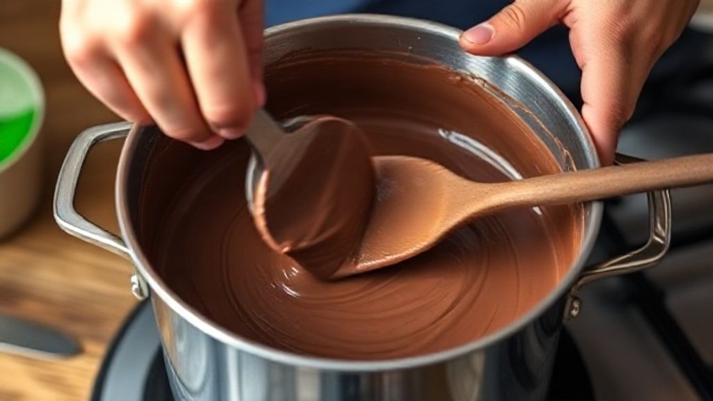 Mãos mexendo a mistura de brigadeiro em panela, mostrando o ponto cremoso do recheio