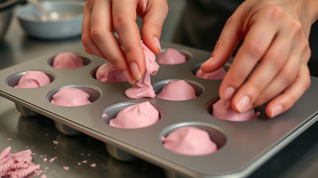 Mãos enchendo formas de bombons com recheio de morango cremoso.