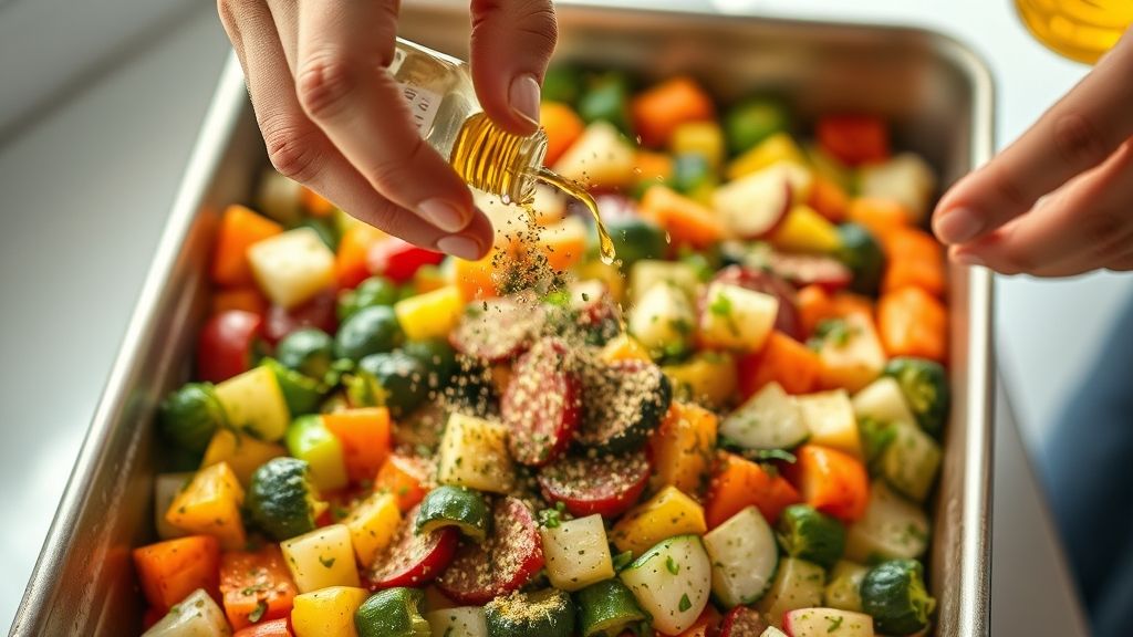 Mãos temperando os legumes em uma assadeira antes de levá-los ao forno