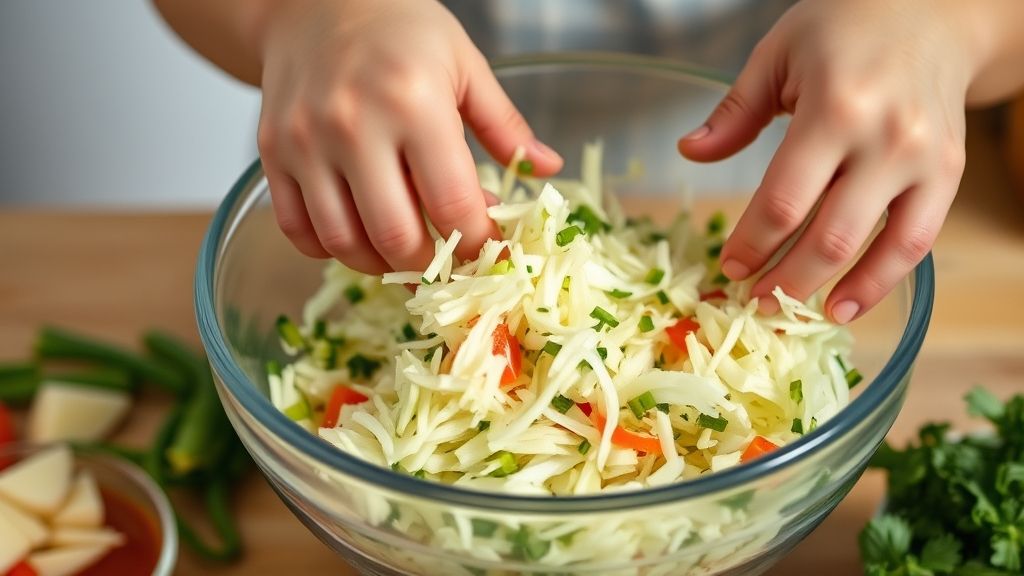 Mãos misturando ingredientes coloridos em uma tigela durante o preparo