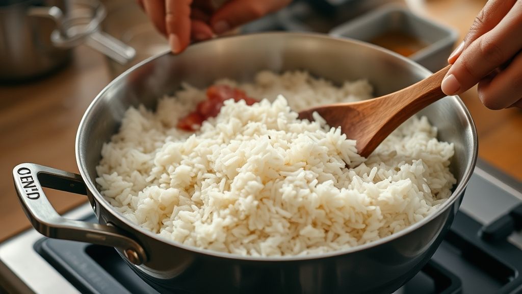 Mãos mexendo arroz em panela com colher de madeira, soltando os grãos no reaque-cimento.
