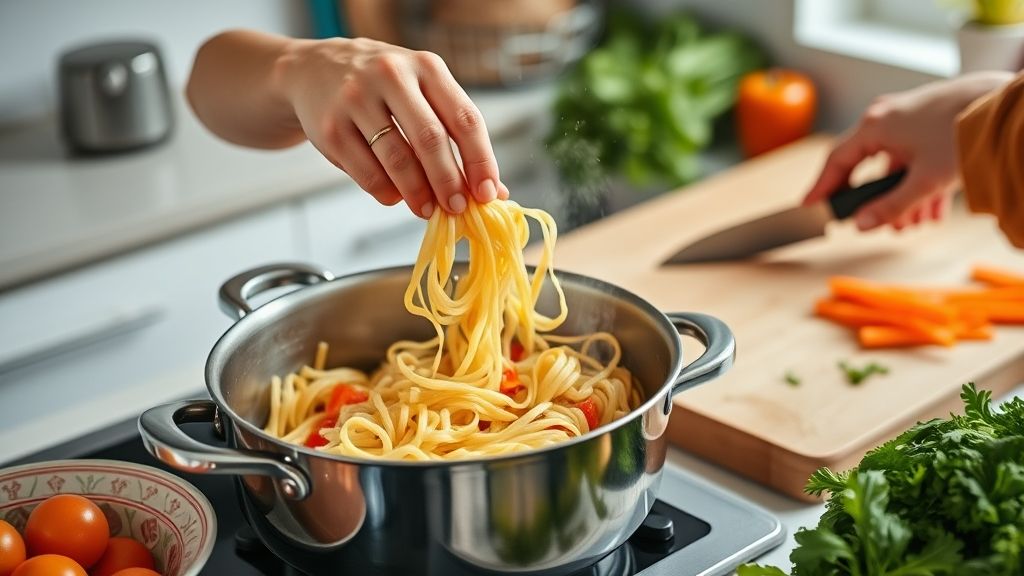 Mãos em ação mostrando o preparo simples de uma das receitas, mexendo panela ou cortando legumes