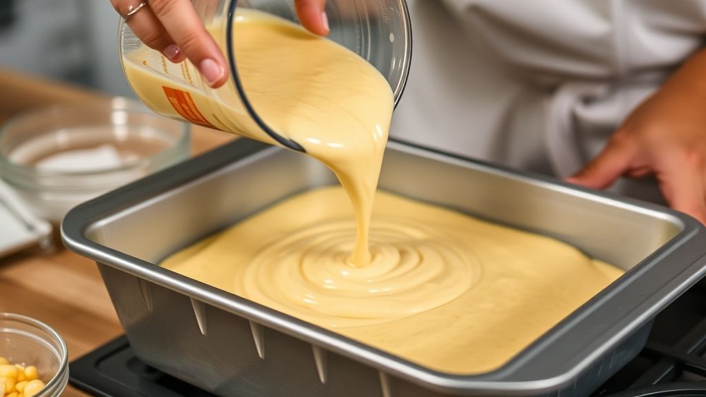 Mãos despejando a massa amarela batida no liquidificador em forma untada.