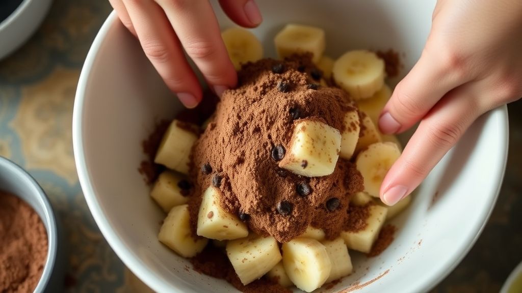 Mãos misturando banana amassada com cacau em pó em uma tigela
