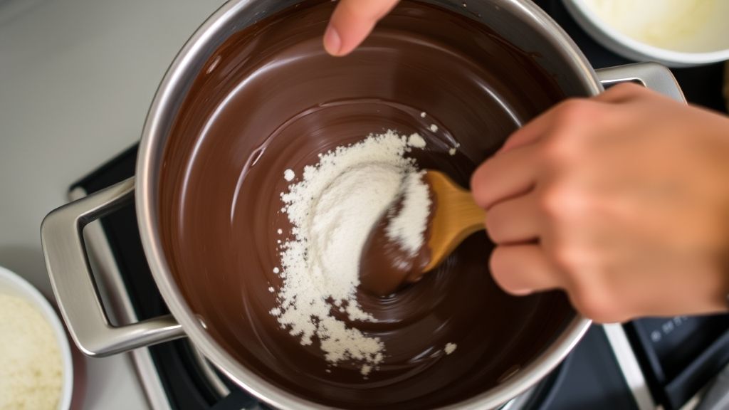 Mãos mexendo a massa do brigadeiro em uma panela no fogão, mostrando o ponto de cozimento