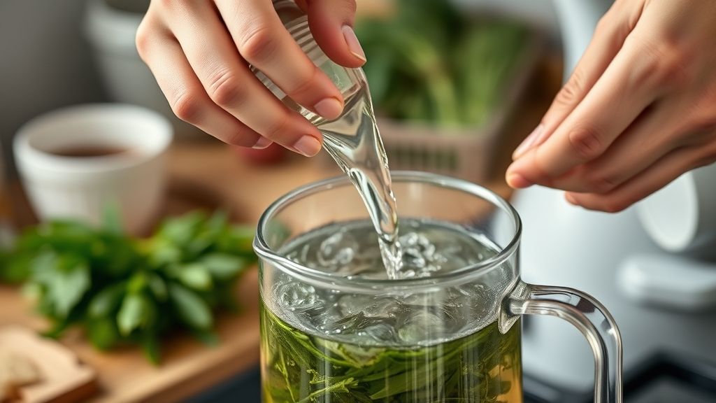 Mãos despejando água quente em bule com ervas frescas