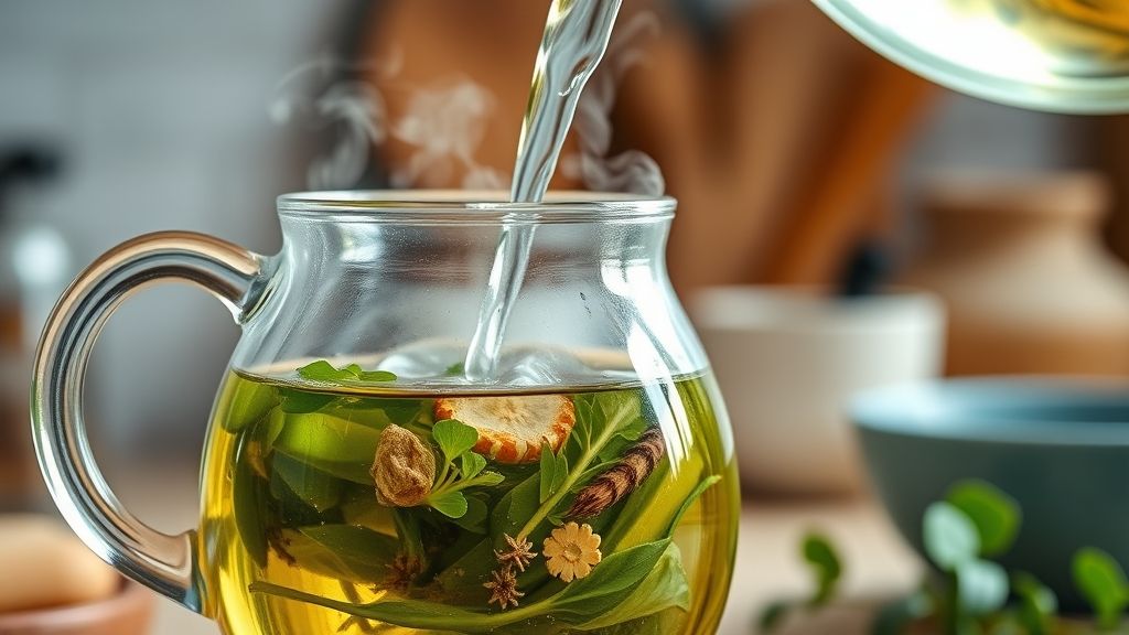 Mãos despejando água quente sobre as ervas em infusora de vidro