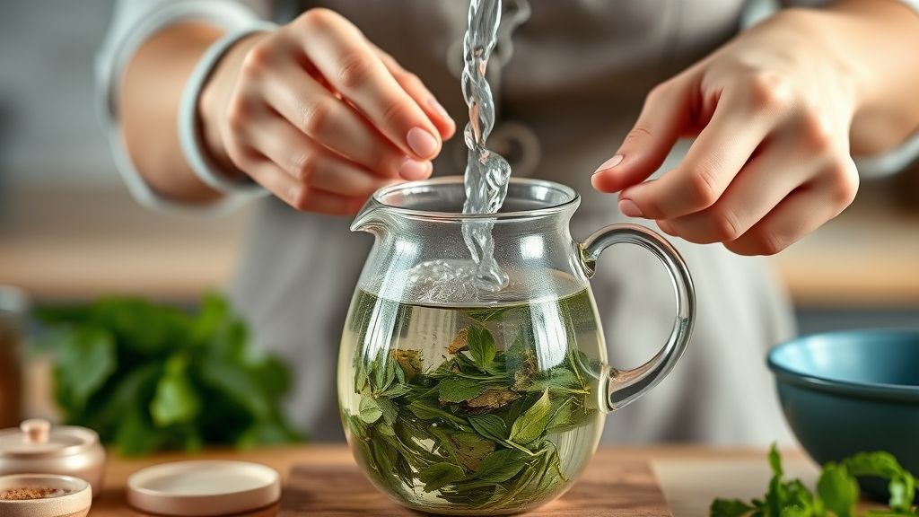 Mãos em ação despejando água quente sobre as ervas em jarra de vidro.