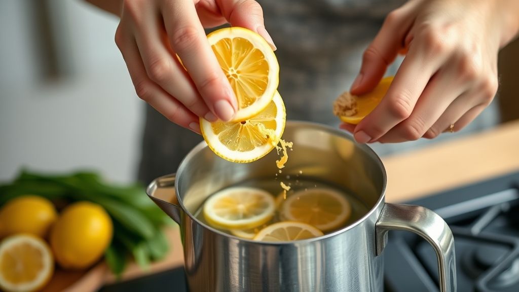 Mãos preparando o chá detox, colocando limão e gengibre em uma xícara durante a infusão