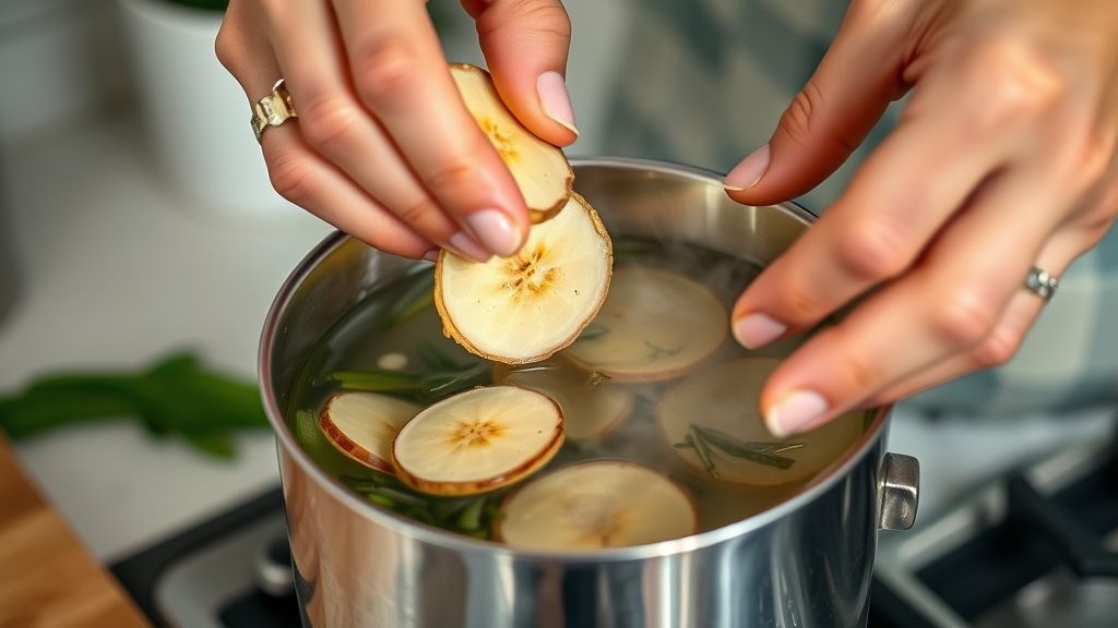 Mãos adicionando gengibre e folhas de chá verde na infusão fumegante em bule transparente
