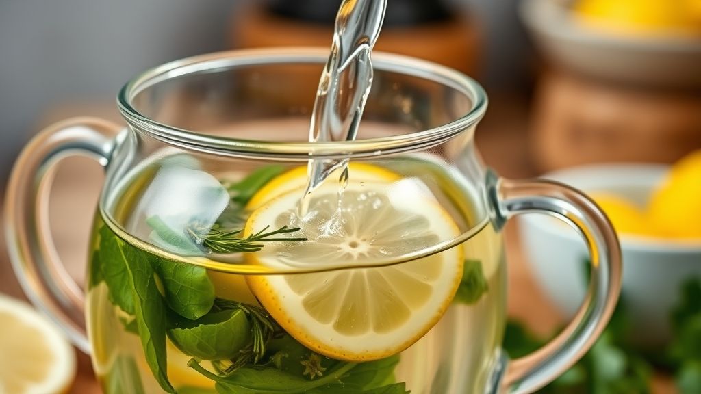 Mãos despejando água quente sobre ervas e rodelas de limão em um bule de vidro.
