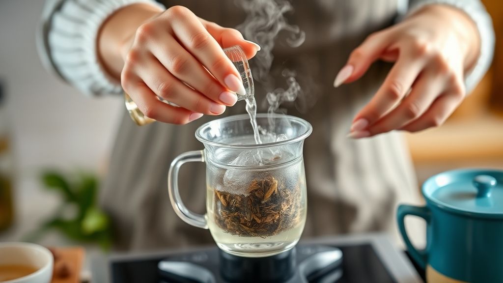 Mãos despejando água quente em uma infusora com ervas frescas e gengibre.