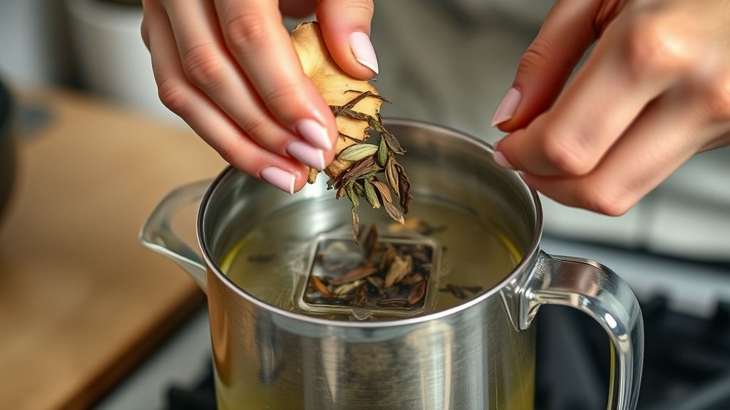 Mãos acrescentando gengibre ralado e chá verde em uma chaleira com água quente