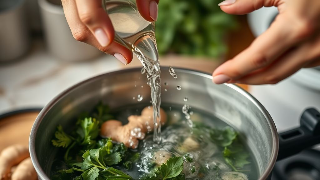 Mãos preparando o chá, despejando água quente sobre folhas de chá verde e hibisco em jarra de vidro.