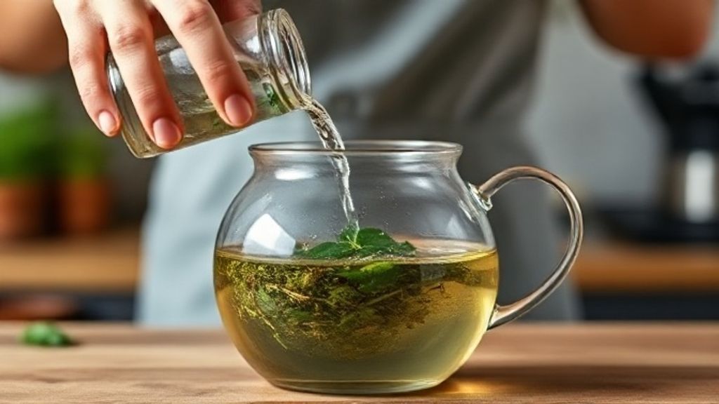Mãos despejando água quente sobre ervas em um bule de vidro, destacando o processo de infusão