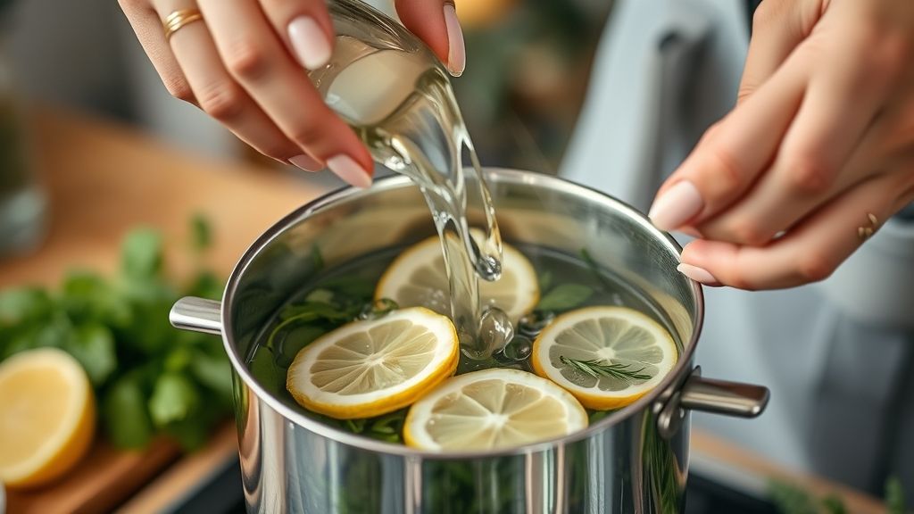 Mãos despejando água quente em xícara de chá com ervas e rodelas de limão.