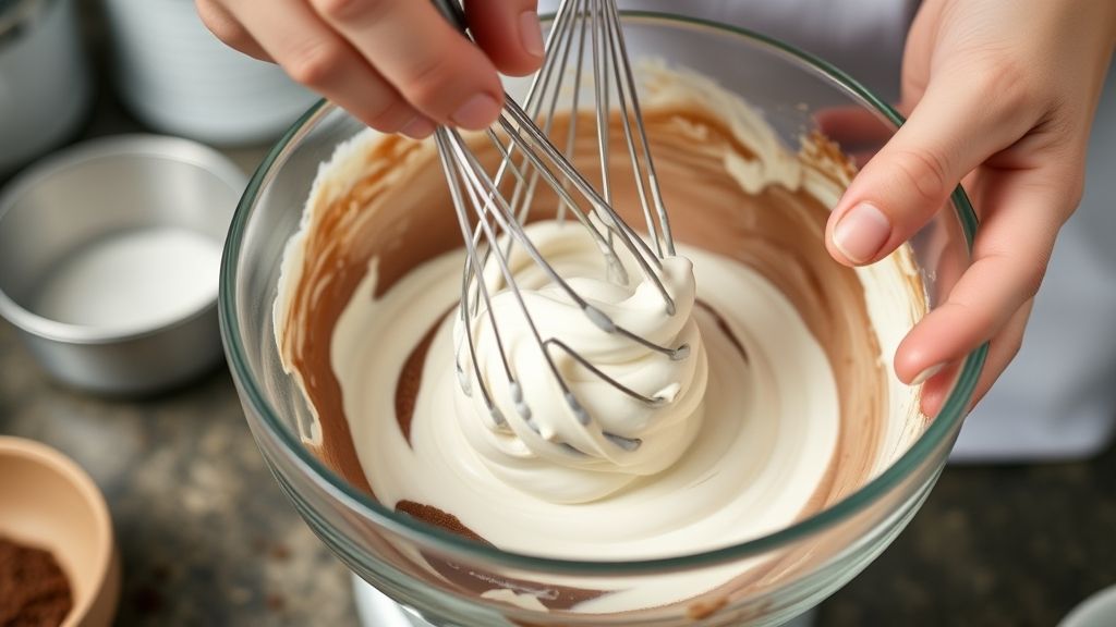 Mãos batendo creme de leite em tigela gelada enquanto adicionam cacau.