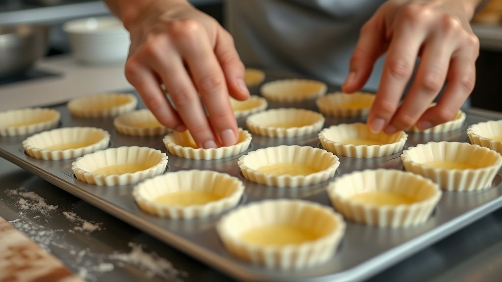 Mãos moldando a massa folhada em forminhas, passo essencial do preparo do doce.