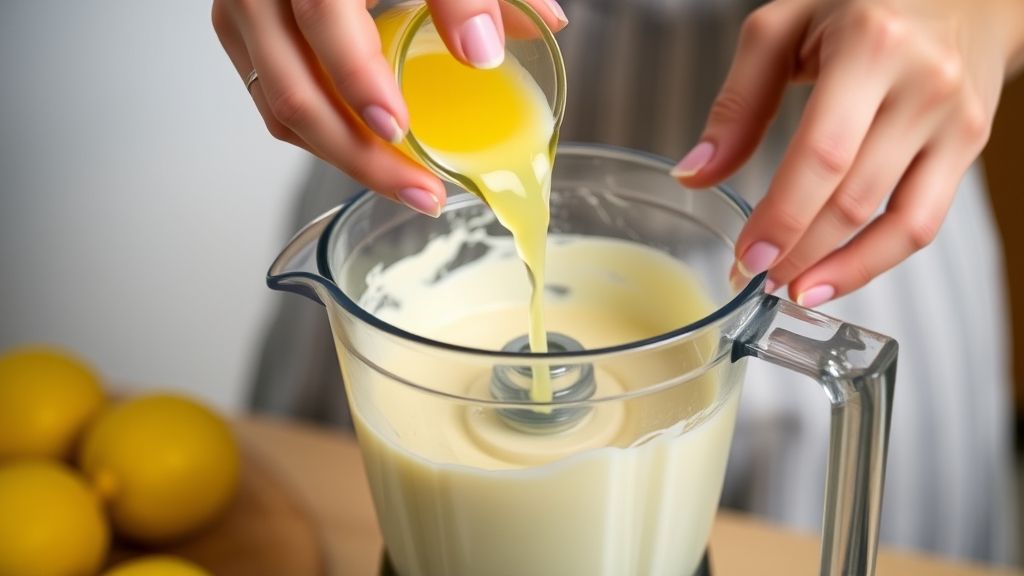 Mãos adicionando suco de limão ao liquidificador com o creme já batido
