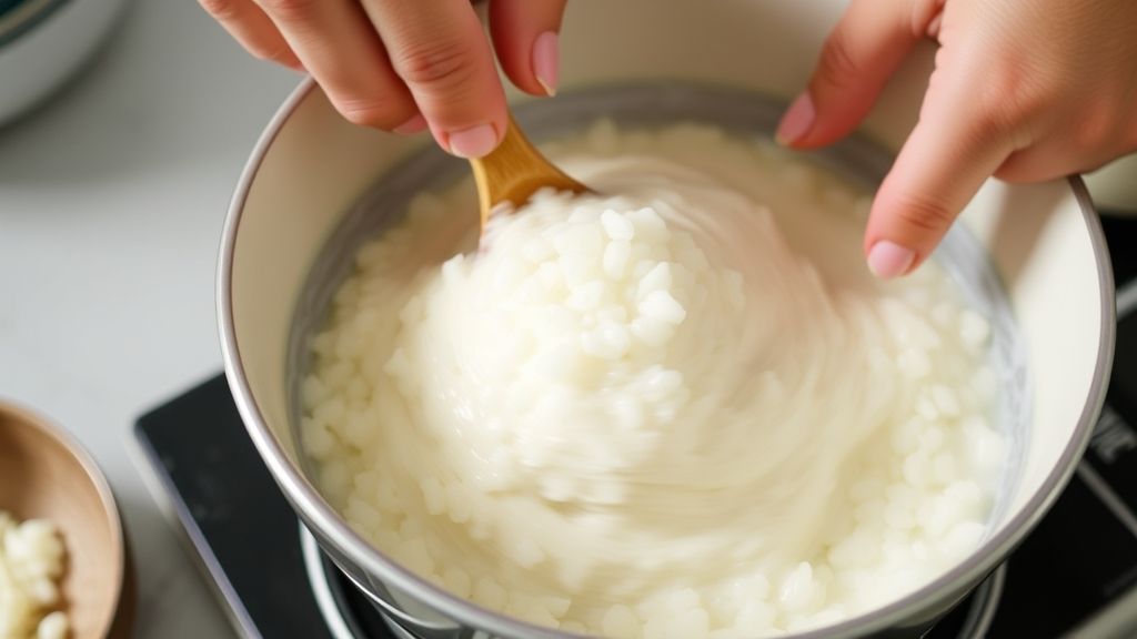 Mãos mexendo a tapioca hidratada em tigela, incorporando os líquidos quentes