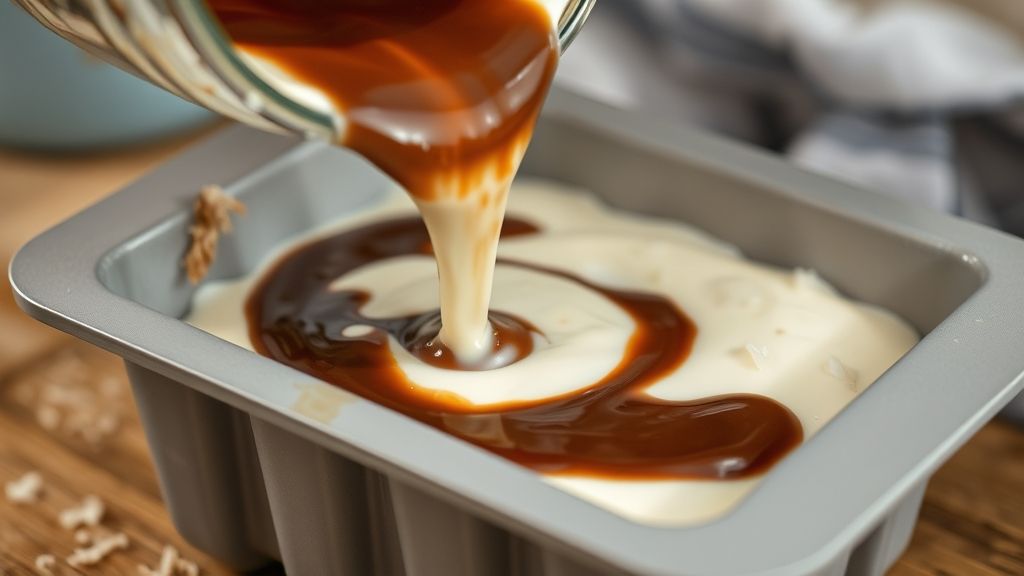 Mãos despejando a mistura cremosa na forma com calda de chocolate.