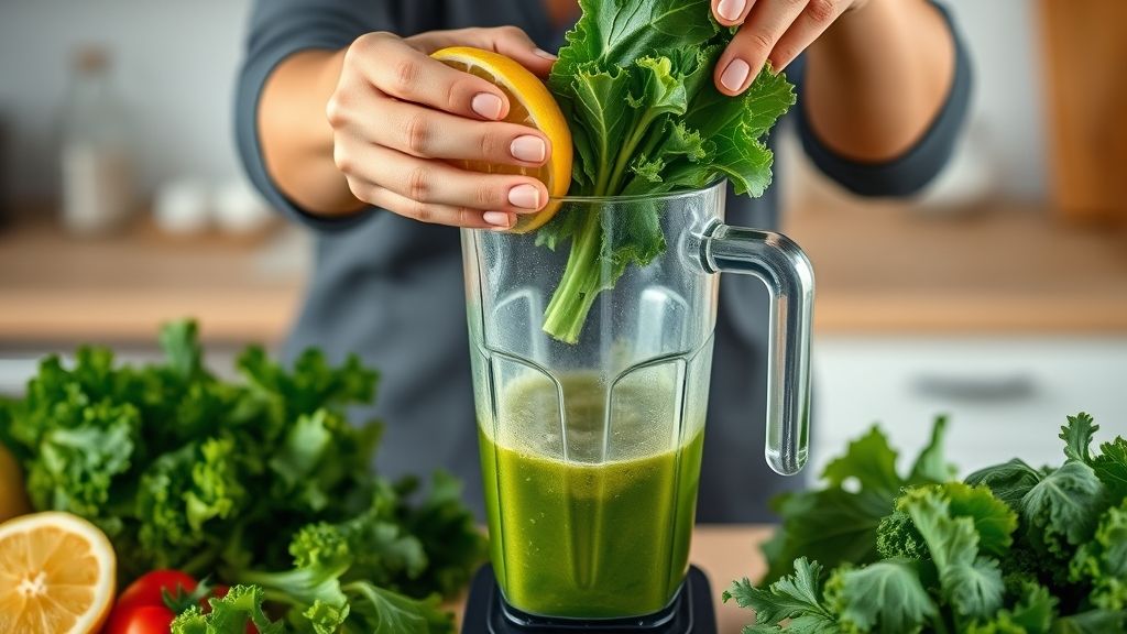 Mãos colocando couve e limão no liquidificador durante o preparo do suco detox