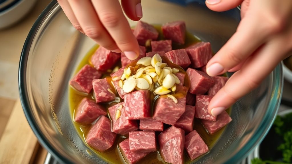 Mãos misturando alho, azeite e sal em uma tigela para temperar a carne