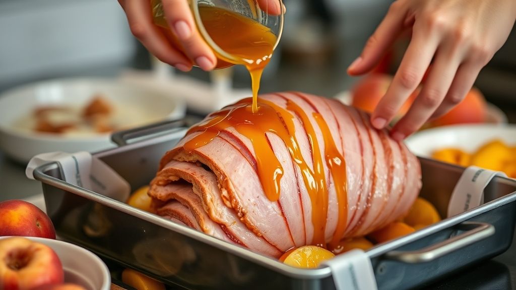 Mãos regando o tender assado com calda caramelizada em um momento crucial do preparo